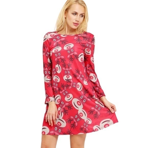Dresses & Skirts - Women’s Holiday Dress Reindeer Stretch Flare Christmas Party Red